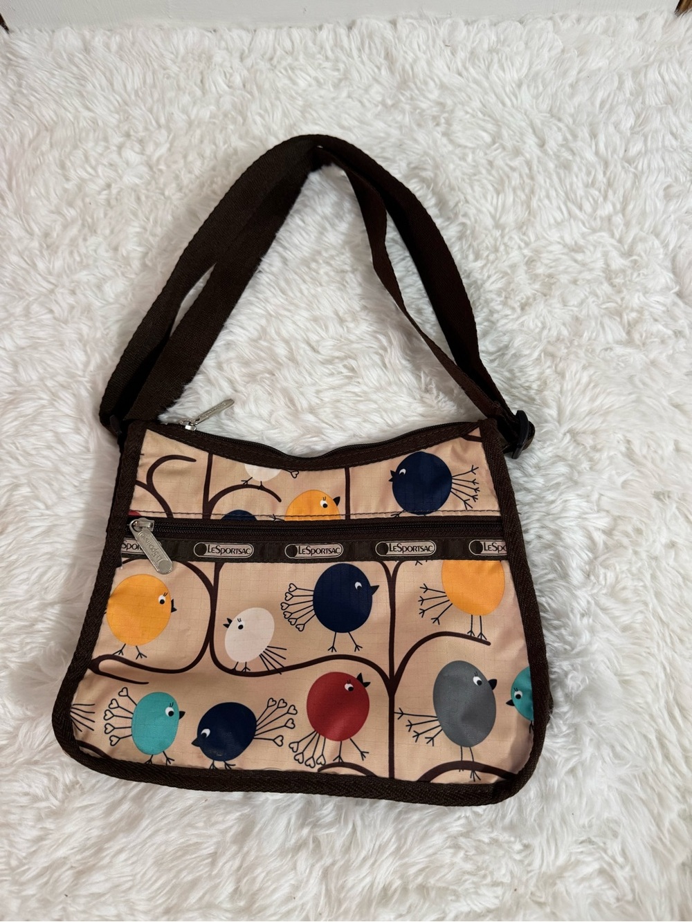 Lesportsac Small Brown and Tan Crossbody with Colorful Bird Print